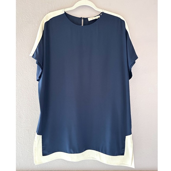 Tory Burch Tops - Tory Burch Navy Blue Silk Colorblock Short Sleeve Tunic Top Size Small